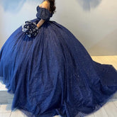 Navy Blue Sweetheart Quinceanera Dress Beaded with Puffy Sleeve